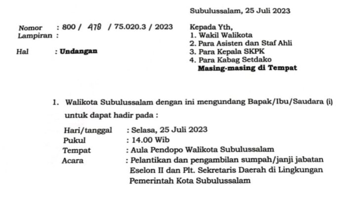 Pengambilan Sumpah PLT Sekda Subulussalam Berlangsung di Aula Pendopo