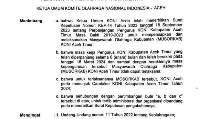 KONI Aceh Tetapkan 5 Ceretaker KONI Aceh Timur