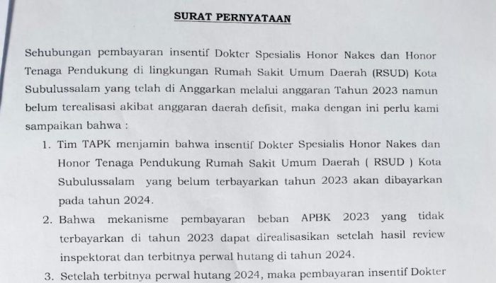 Ini Surat Pernyataan TAPK Subulussalam Terkait Insentif dr Spesialis