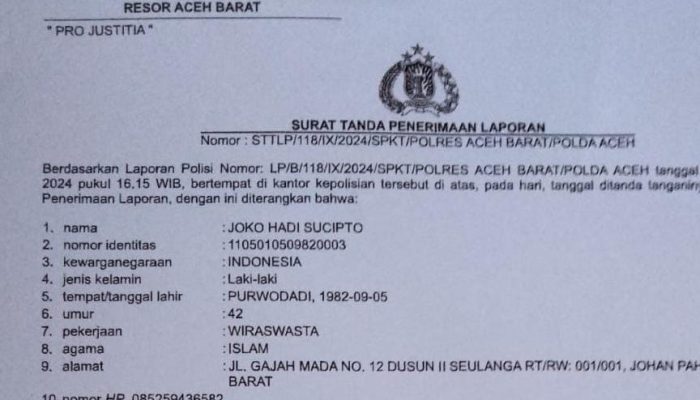 Diduga Adanya Tindak Kekerasan Terhadap Anaknya, Seorang Ayah Lapor Inisial Pelaku ke Polres Aceh Barat