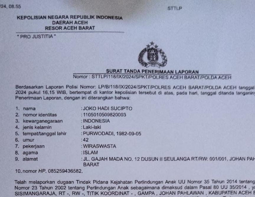 Diduga Adanya Tindak Kekerasan Terhadap Anaknya, Seorang Ayah Lapor Inisial Pelaku ke Polres Aceh Barat