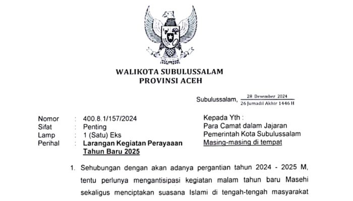 Pj Walikota Subulussalam Keluarkan Larangan Keramain di Malam Tahun Baru