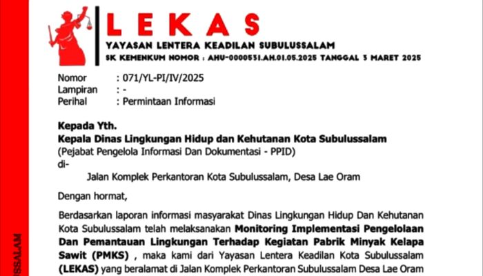 LEKAS Surati DLHK Subulussalam Terkait Limbah PMKS